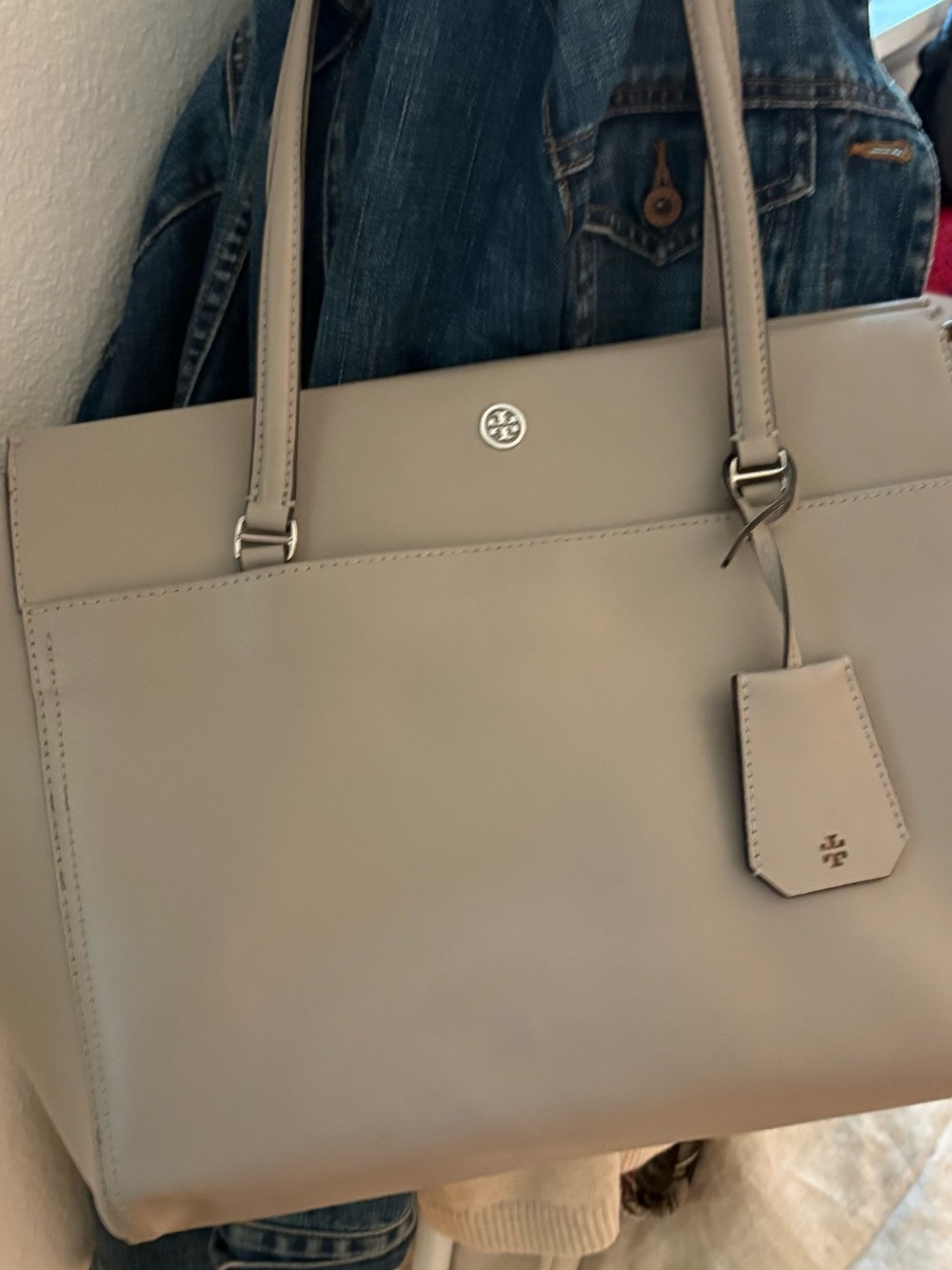Tory Burch Taupe Gray Structured Leather Tote
